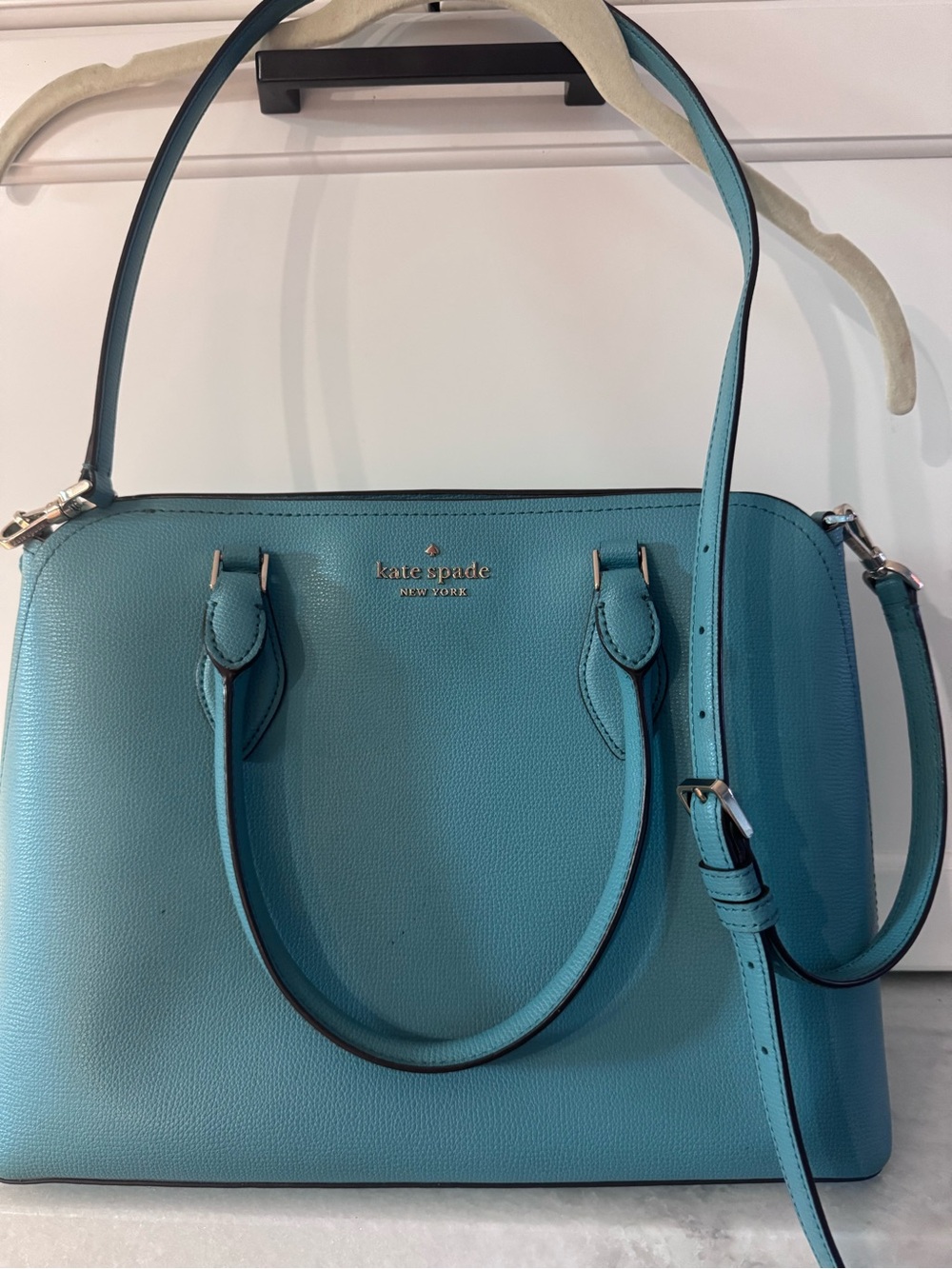 kate spade turquoise pebbled leather satchel with adjustable strap
